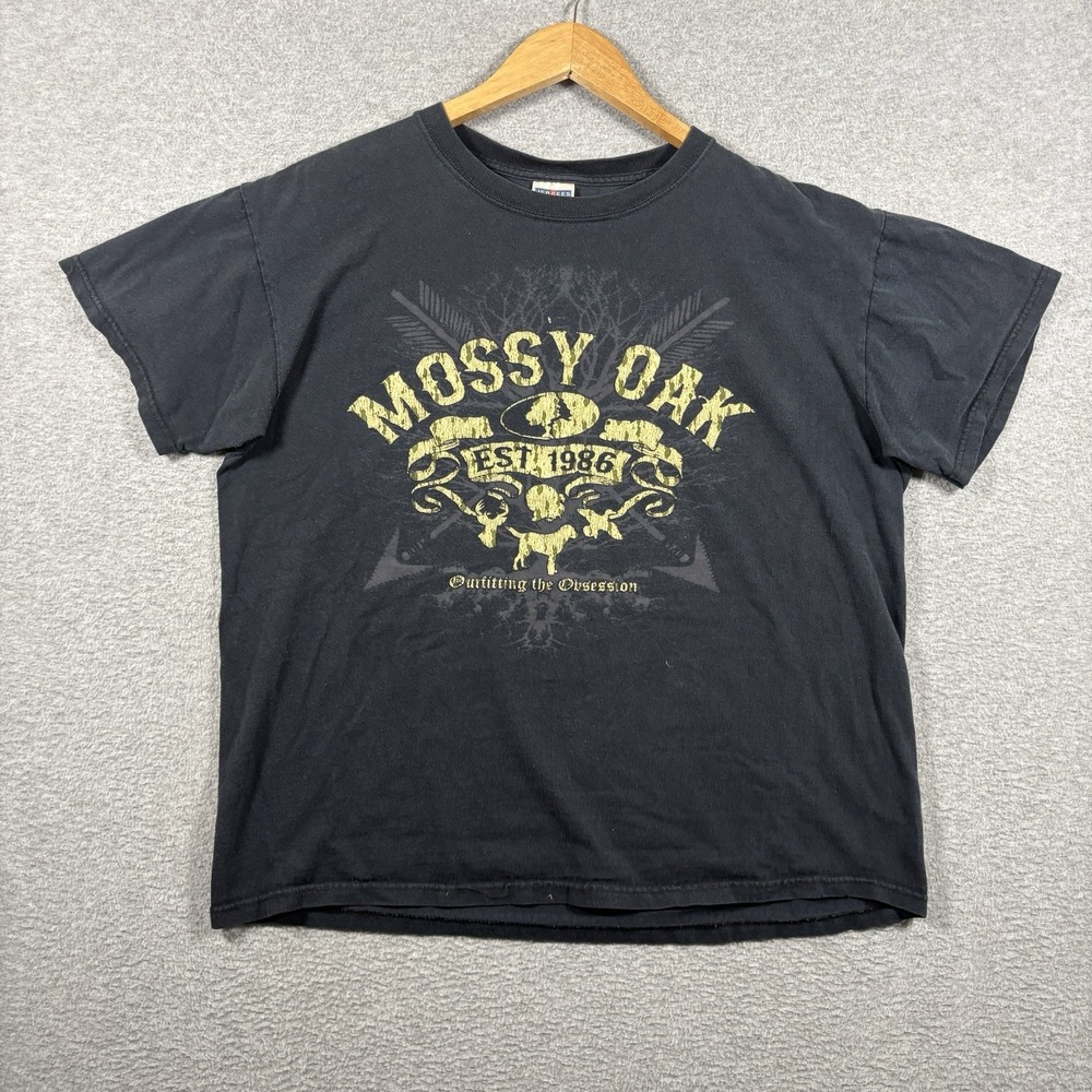 Vtg Mossy Oak Outfitting The Obsession T Shirt L Jerzees Black Outdoor Camo Y2K